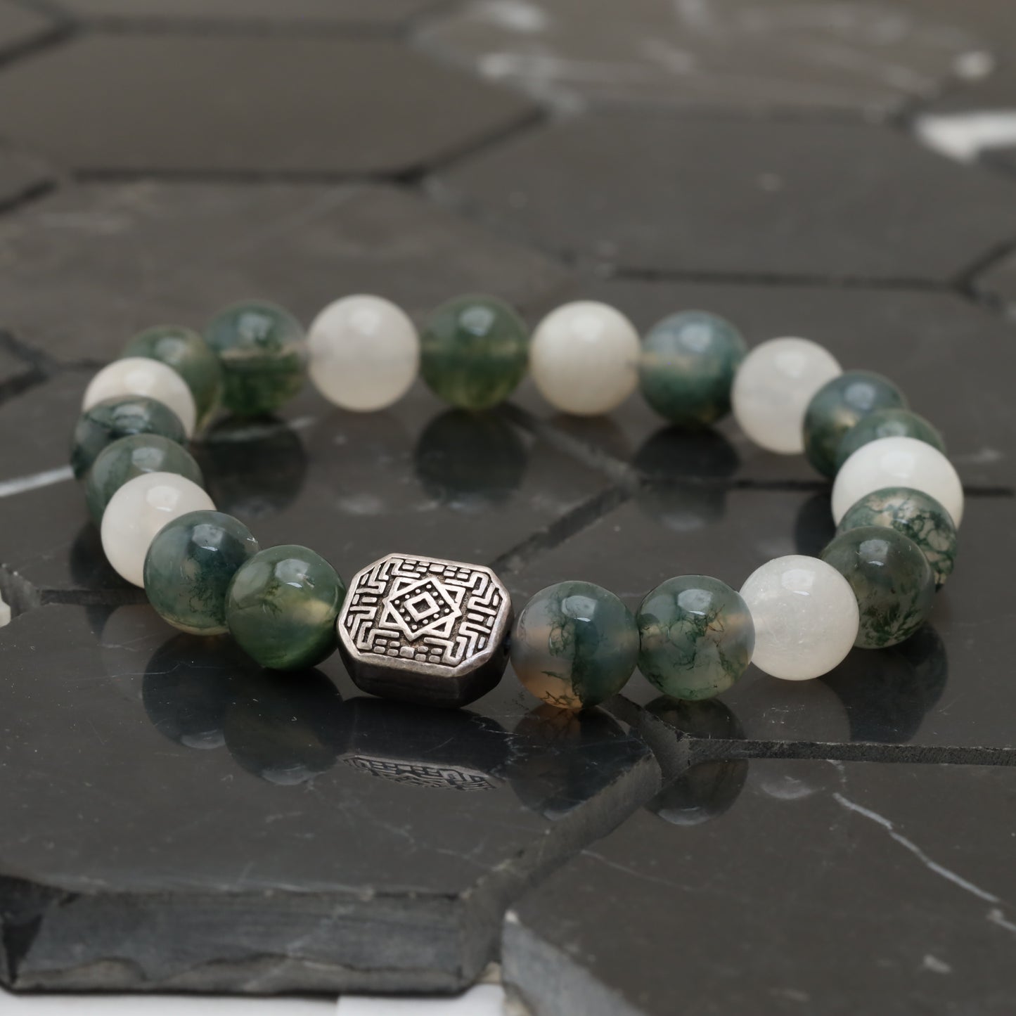Squared Maze Bracelet - 925 Sterling Silver Toy - Moss Agate Class +AAA - Moon stone Gemstone -- LU202