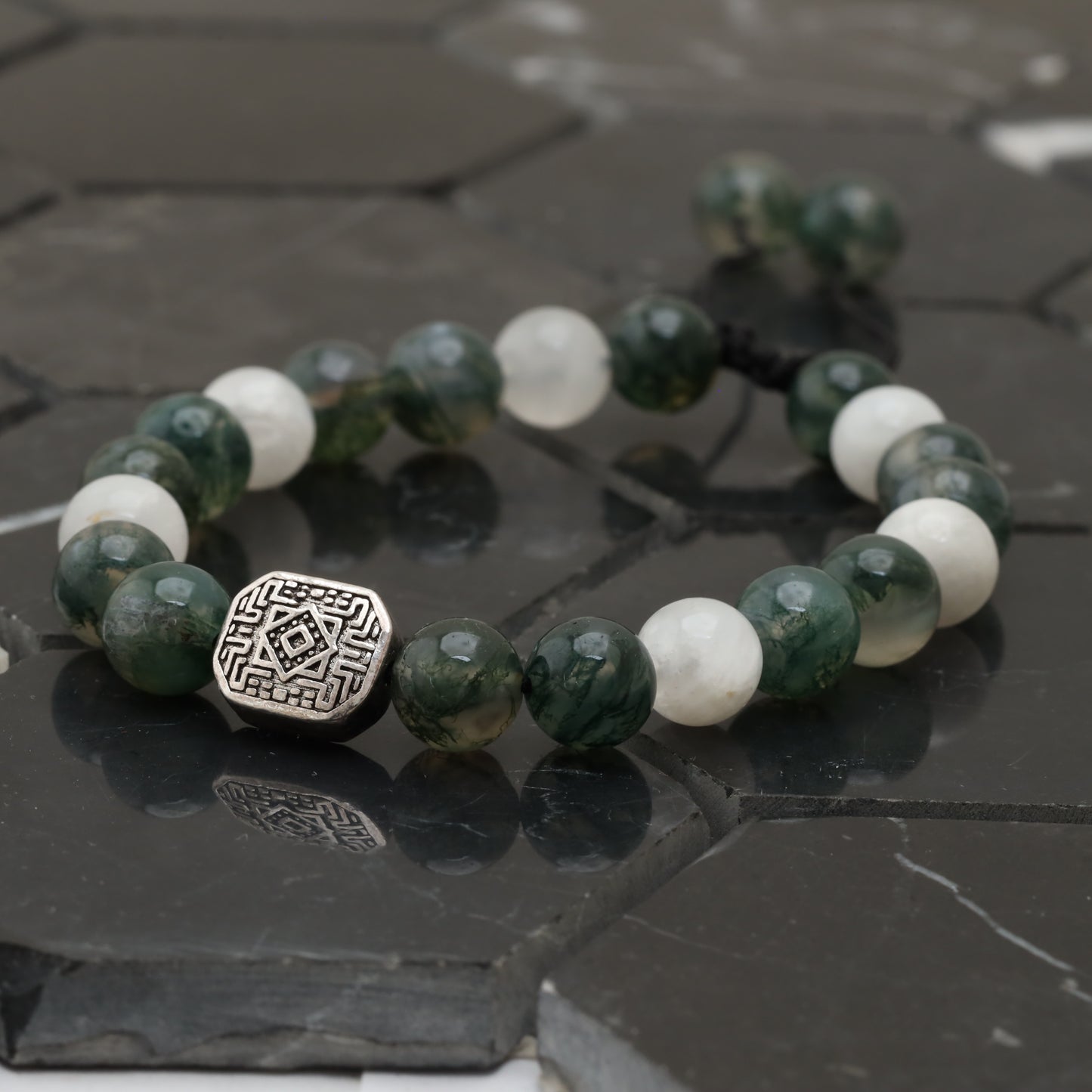 Squared Maze Bracelet - 925 Sterling Silver Toy - Moss Agate Class +AAA - Moon stone Gemstone -- LU202