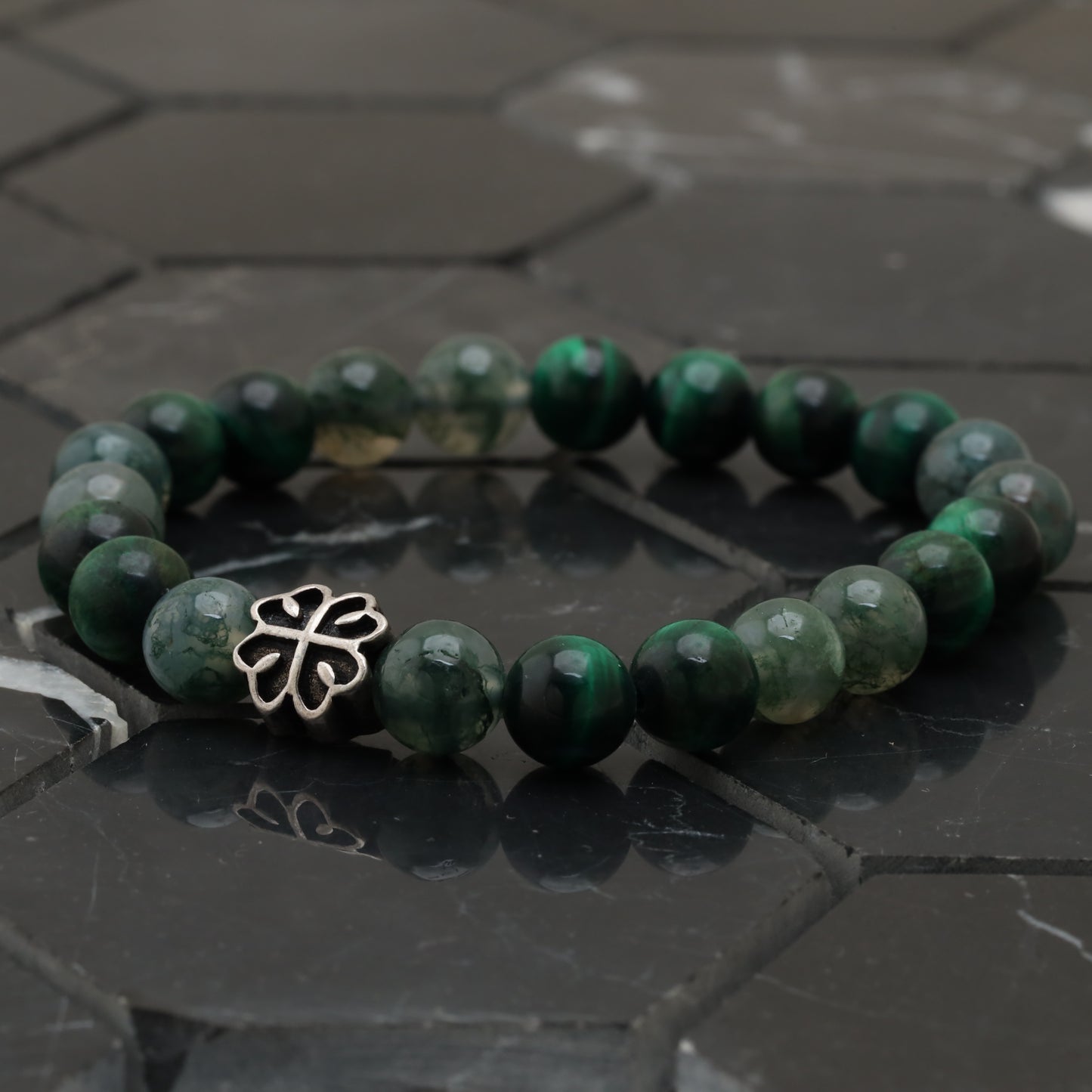 Lucky Clover Bracelet - 925 Sterling Silver - +AAA Green Tiger Eye - +AAA Moss Agate -- Bracelet LU207