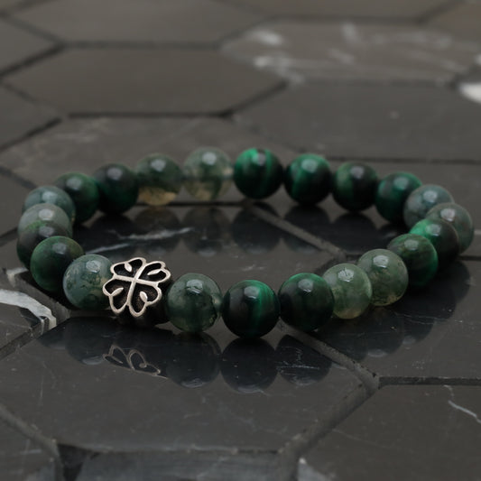 Lucky Clover Bracelet - 925 Sterling Silver - +AAA Green Tiger Eye - +AAA Moss Agate -- Bracelet LU207