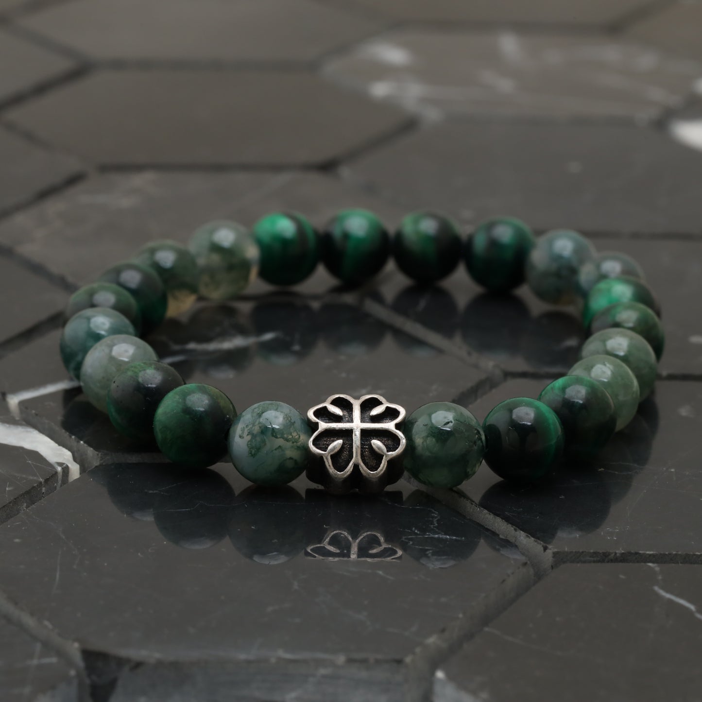 Lucky Clover Bracelet - 925 Sterling Silver - +AAA Green Tiger Eye - +AAA Moss Agate -- Bracelet LU207