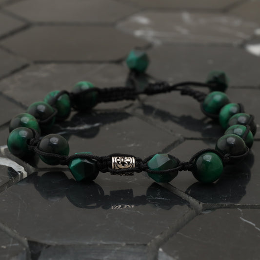 Royalty Symbol Bracelet - 925 Sterling Silver - Green Tiger Eye Cubic And Spherical Bracelet LU211