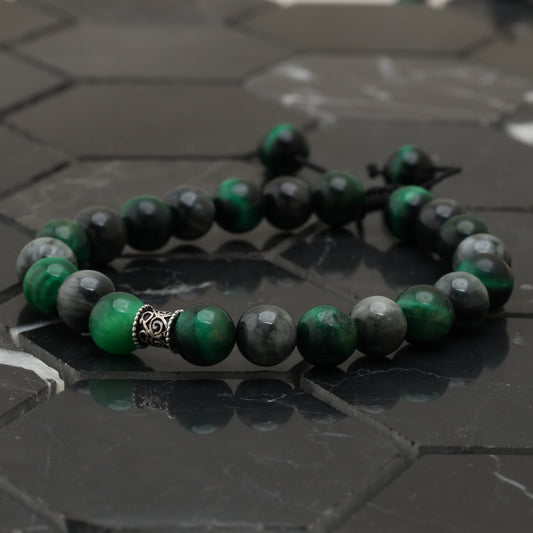 Hawk Eye Green Tiger Eye Bracelet - 925 Sterling Silver - +AAA Hawk Eye - +AAA Green Tiger Eye Gemstone -- Bracelet LU209