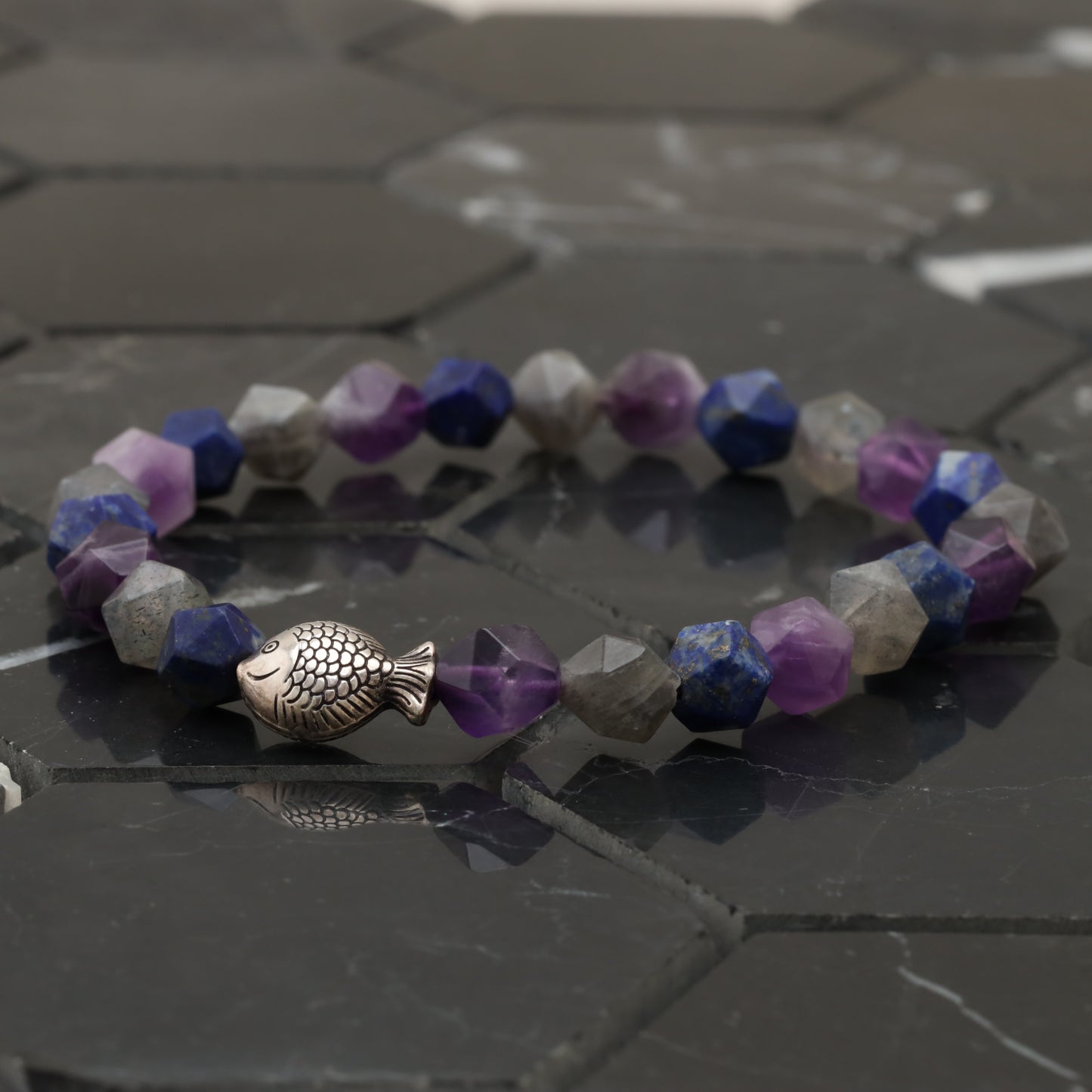 Vitamin Sea Bracelet - 925 Sterling Silver Fish Toy - Amethyst - Lazurite - Amoznite -- Bracelet LU210