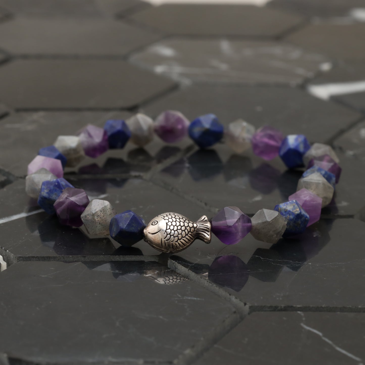 Vitamin Sea Bracelet - 925 Sterling Silver Fish Toy - Amethyst - Lazurite - Amoznite -- Bracelet LU210