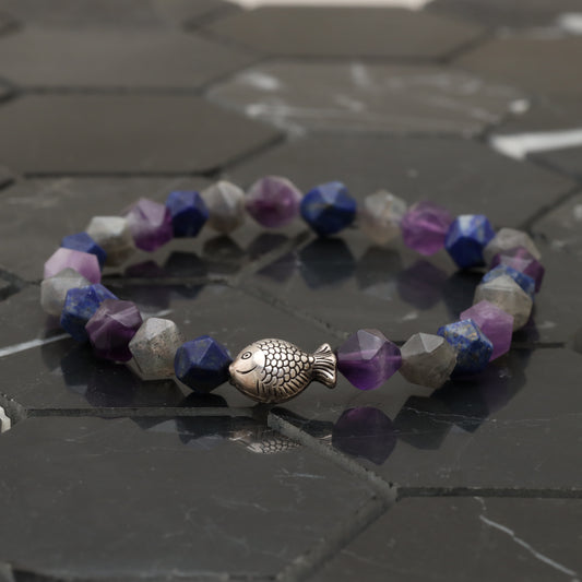 Vitamin Sea Bracelet - 925 Sterling Silver Fish Toy - Amethyst - Lazurite - Amoznite -- Bracelet LU210