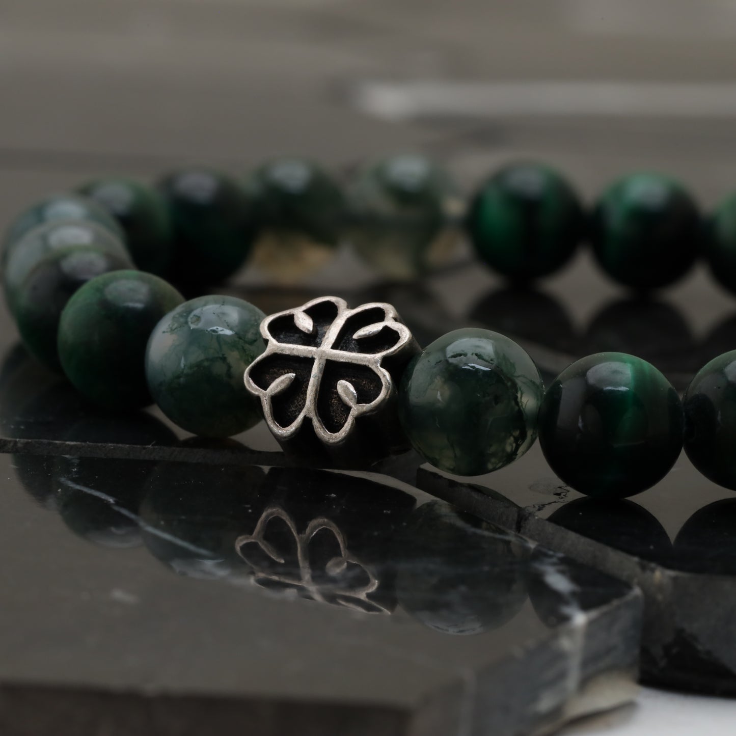 Lucky Clover Bracelet - 925 Sterling Silver - +AAA Green Tiger Eye - +AAA Moss Agate -- Bracelet LU207