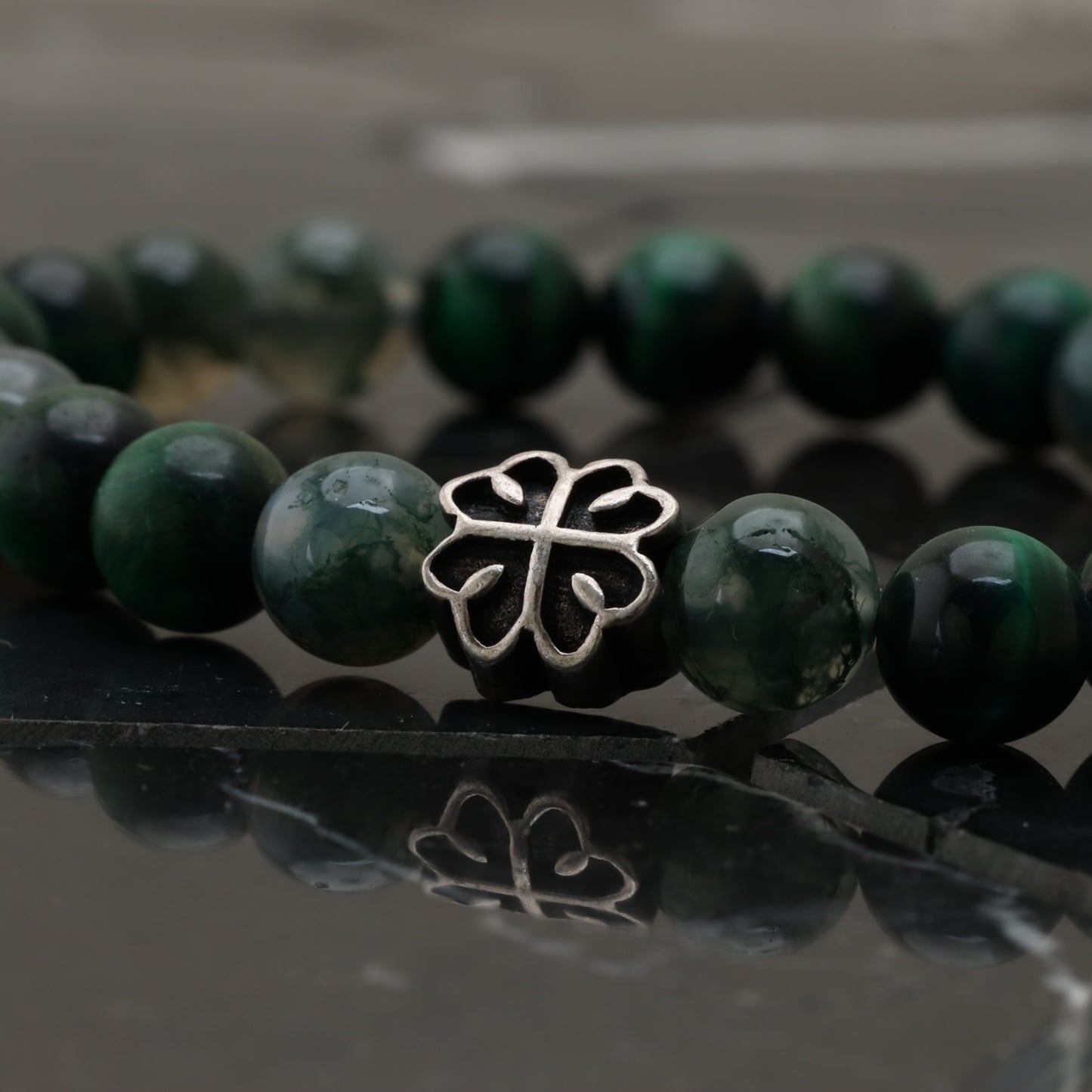 Lucky Clover Bracelet - 925 Sterling Silver - +AAA Green Tiger Eye - +AAA Moss Agate -- Bracelet LU207