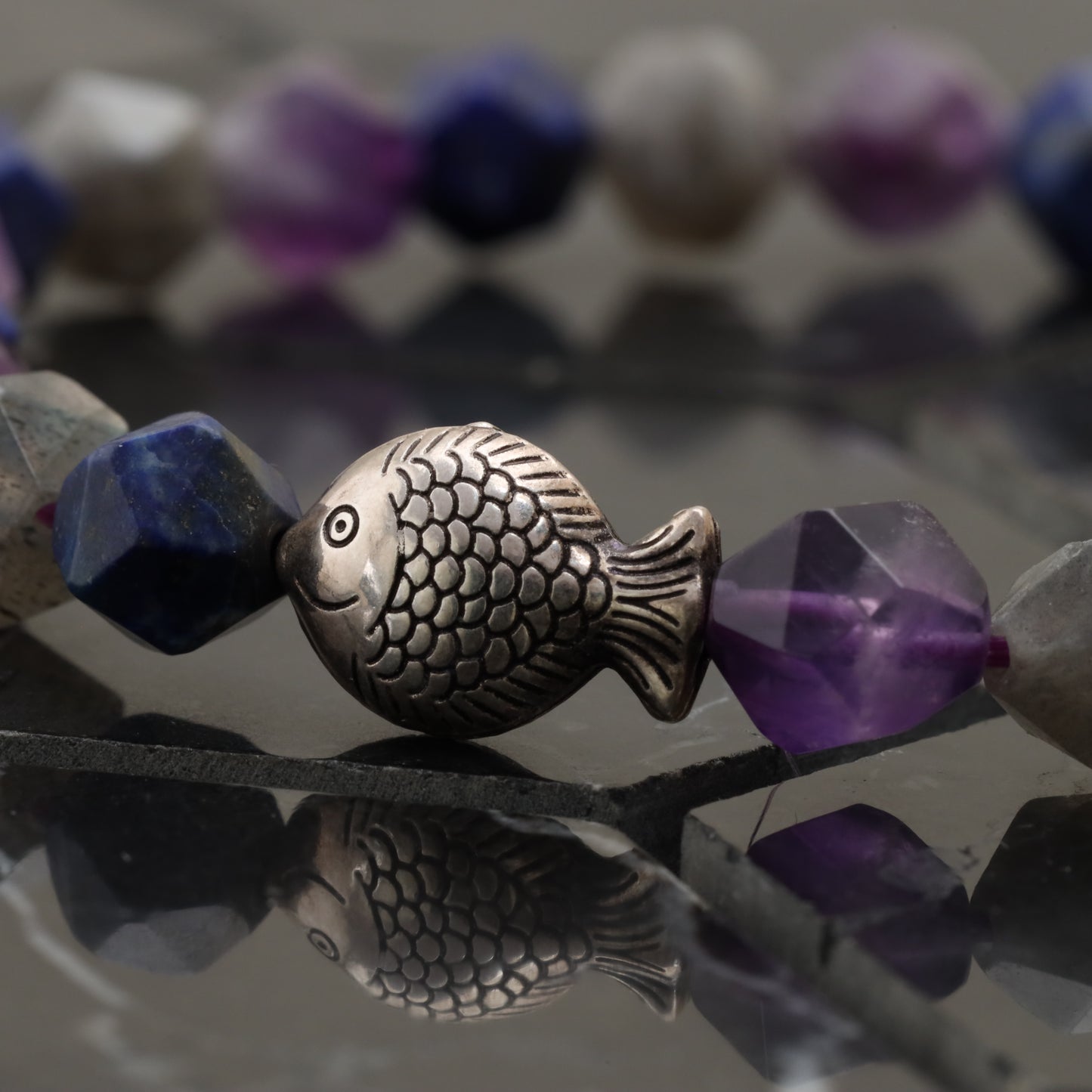 Vitamin Sea Bracelet - 925 Sterling Silver Fish Toy - Amethyst - Lazurite - Amoznite -- Bracelet LU210