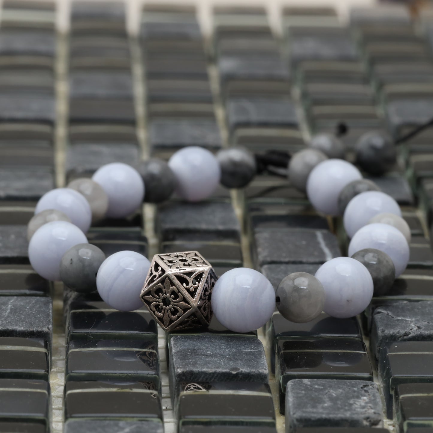 Fourteen face Diagram Bracelet - 925 Sterling Silver Fourteen Diagram Toy - Blue Lace Agate 15mm +AAA - Hawk Eye 8 mm Class +AAA  Bracelet LU212