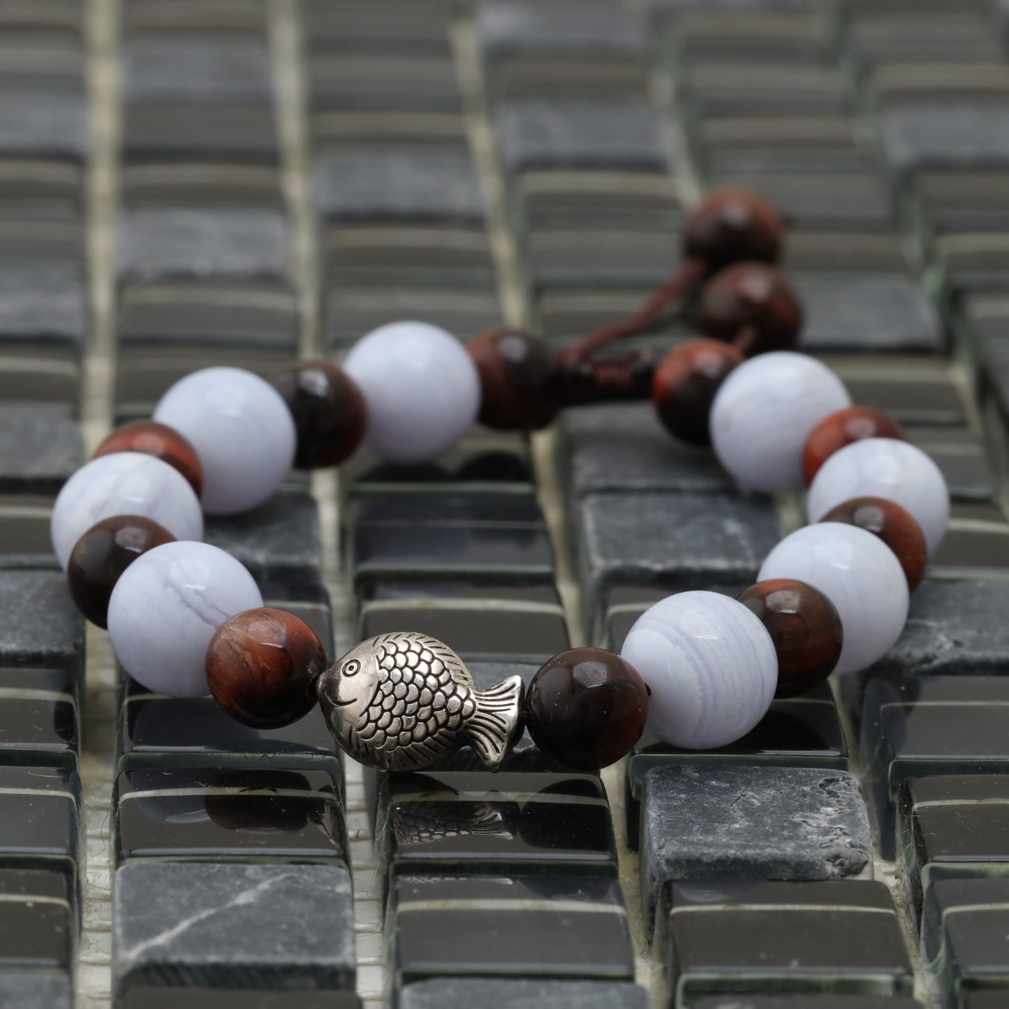 Fish Island Bracelet - 925 Sterling Silver Big Fish - Blue Lace Agate 15 mm - Red Tiger Eye 8 mm Bracelet LU213