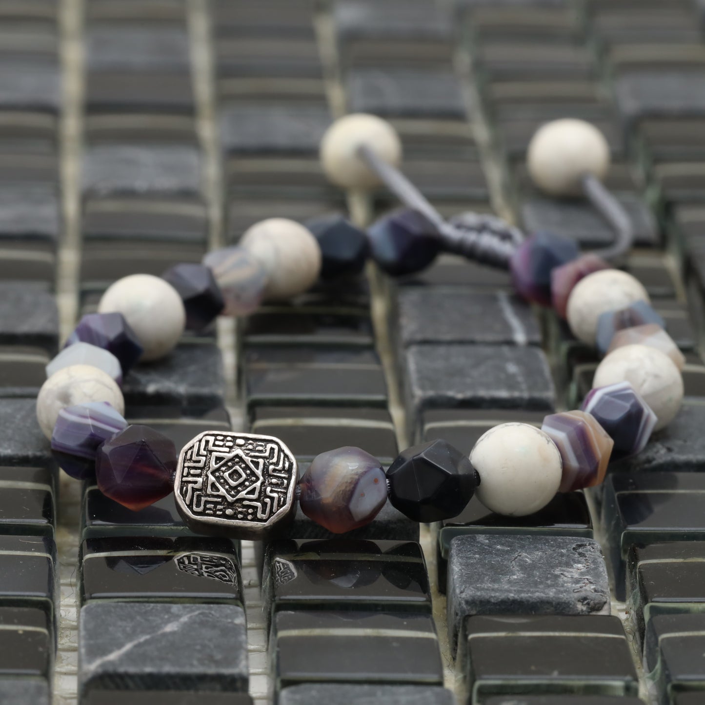 Agate Maze Bracelet - 925 Sterling Silver Maze - White Howlite 8 mm - Purple Jasper Cubic 8 mm Bracelet LU214