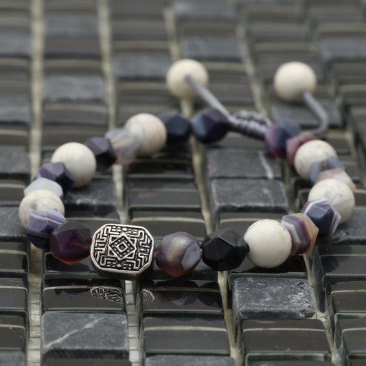 Agate Maze Bracelet - 925 Sterling Silver Maze - White Howlite 8 mm - Purple Jasper Cubic 8 mm Bracelet LU214