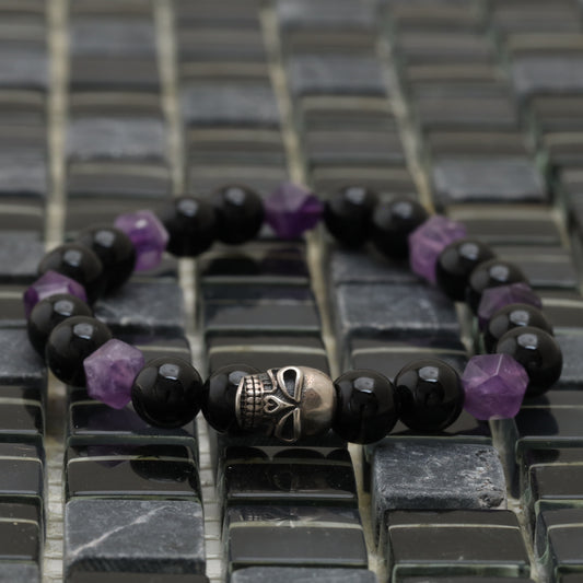 The Punisher Bracelet - 925 Sterling Silver The Punisher Skull - Amethyst Cubic - Onyx Gemstones  Bracelet LU216