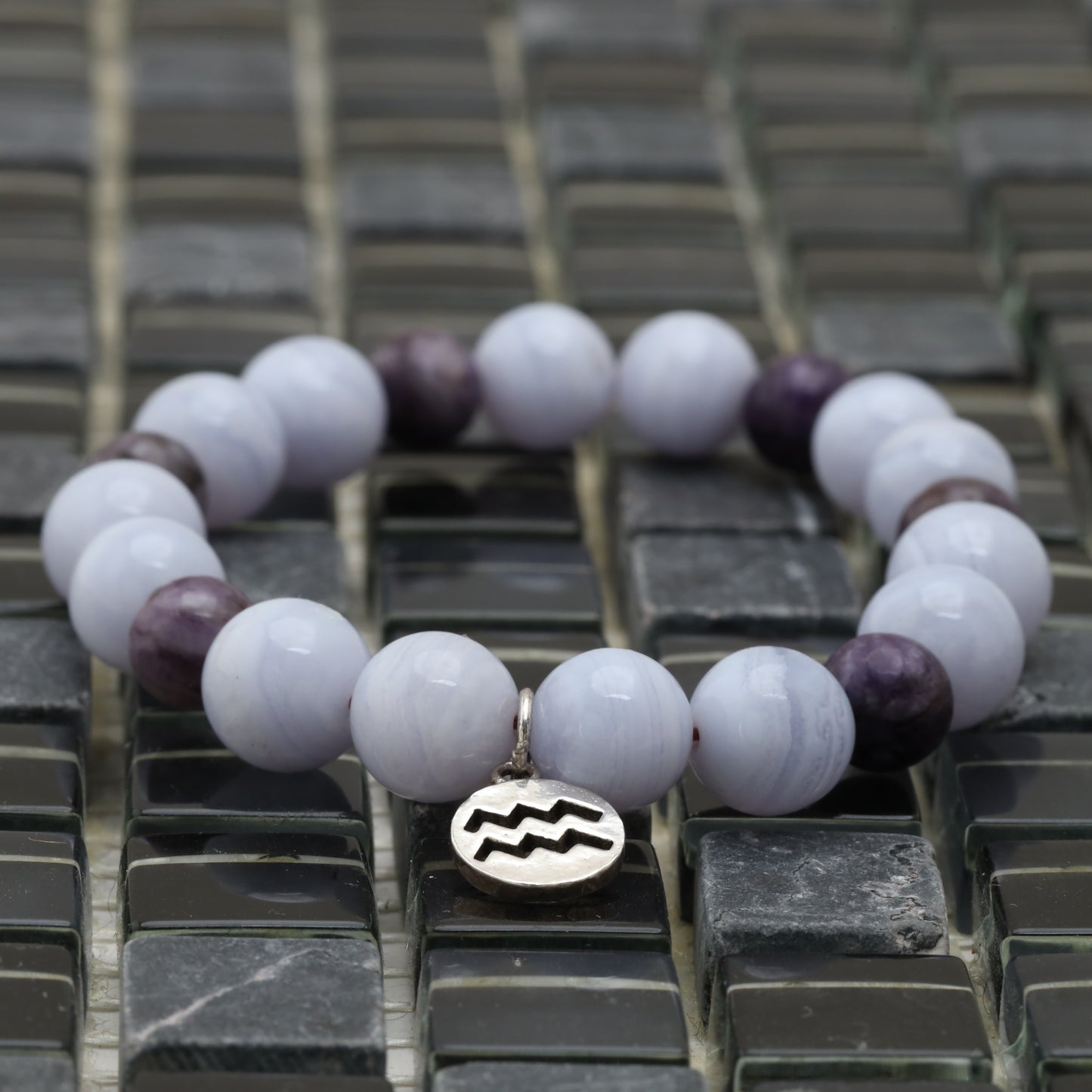 Aquarius Horoscope Bracelet - 925 Sterling Silver Aquarius Sign - Blue Lace Agate 15 mm - Purple Jasper 8 mm Bracelet LU218