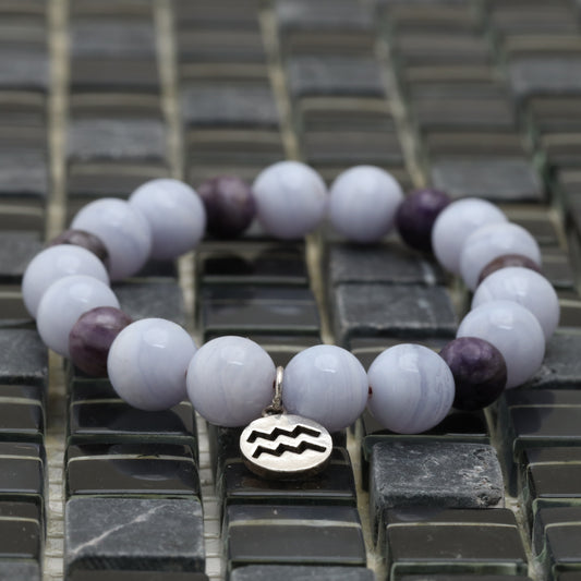 Aquarius Horoscope Bracelet - 925 Sterling Silver Aquarius Sign - Blue Lace Agate 15 mm - Purple Jasper 8 mm Bracelet LU218