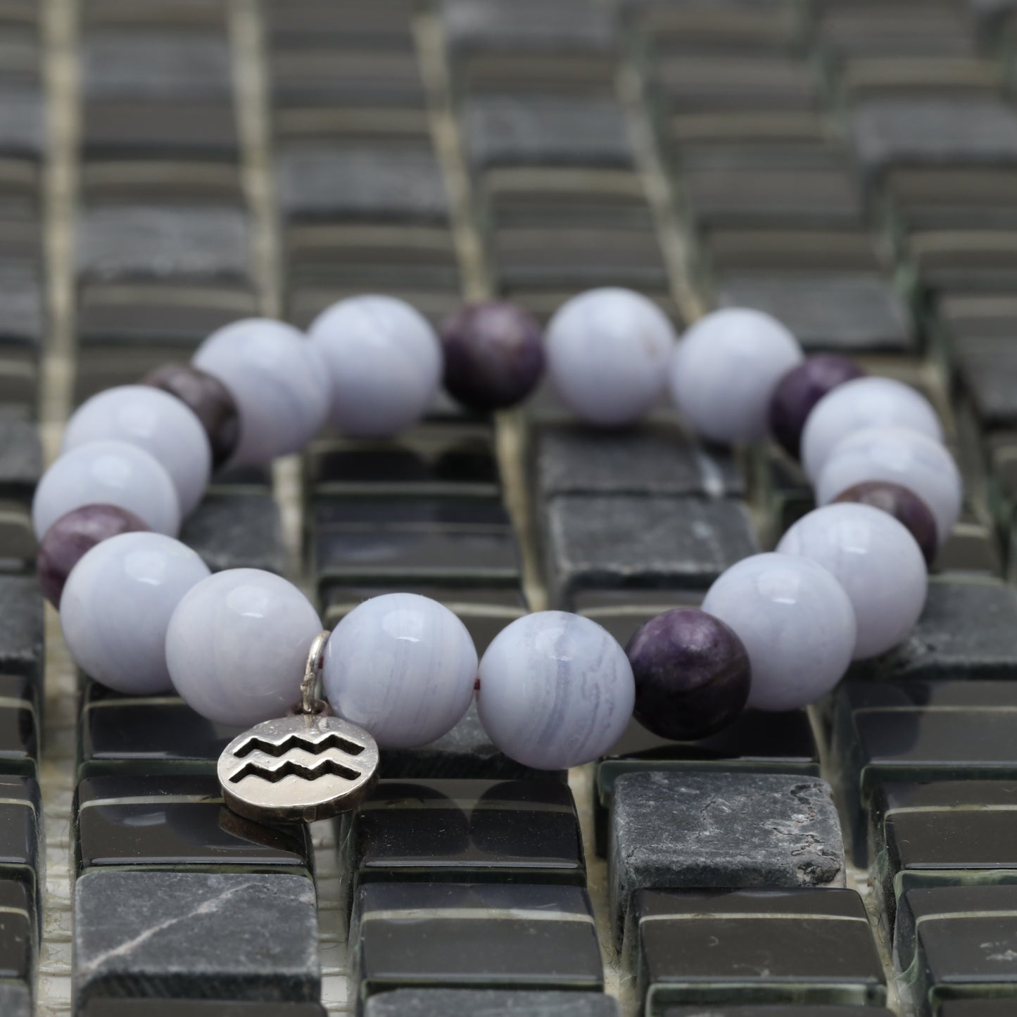 Aquarius Horoscope Bracelet - 925 Sterling Silver Aquarius Sign - Blue Lace Agate 15 mm - Purple Jasper 8 mm Bracelet LU218