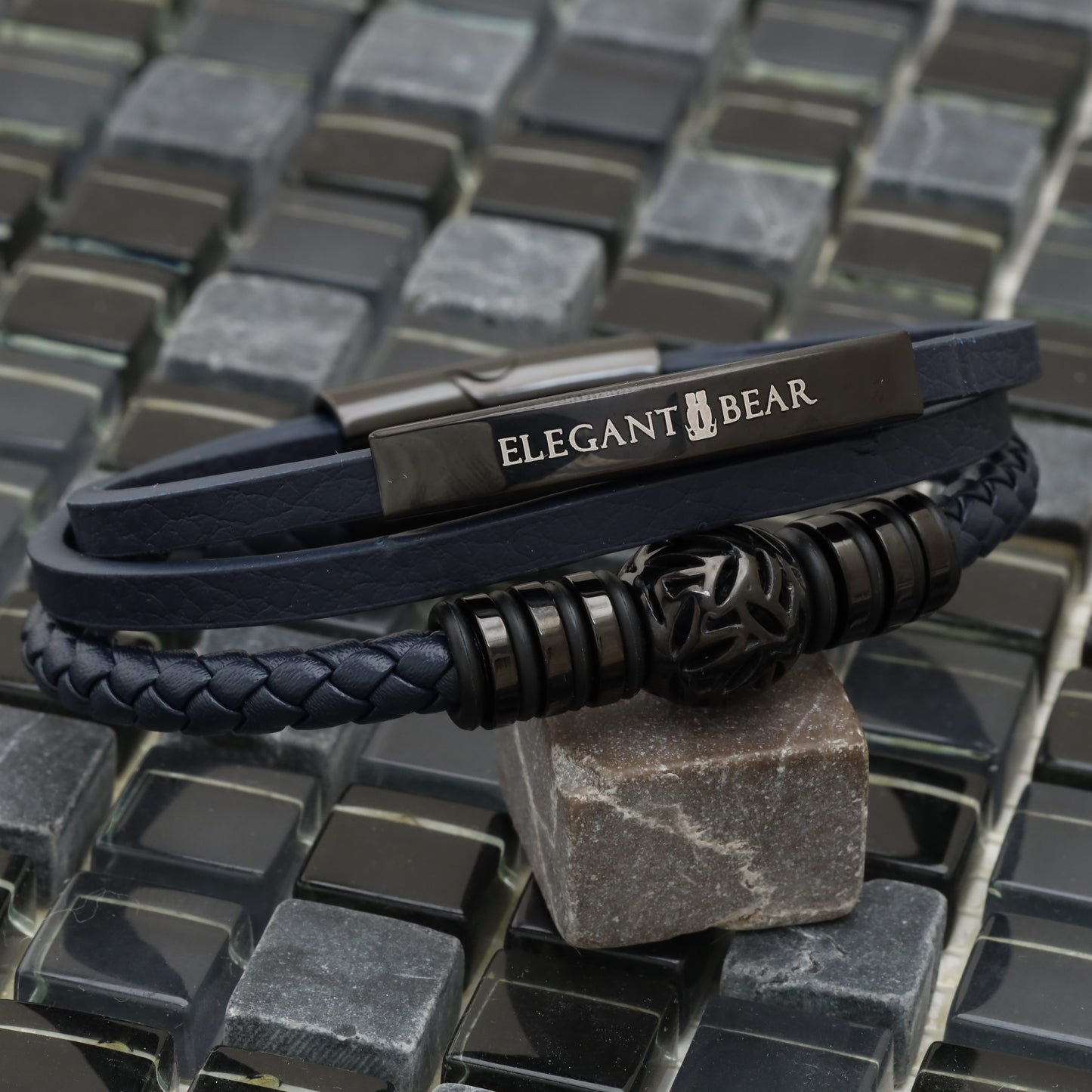 Autumn Ball Blue Genuine Leather Grey Stainless Steel Bracelet L1271