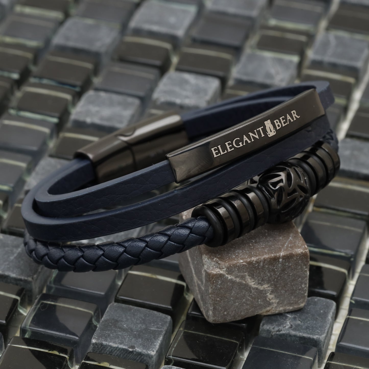 Autumn Ball Blue Genuine Leather Grey Stainless Steel Bracelet L1271