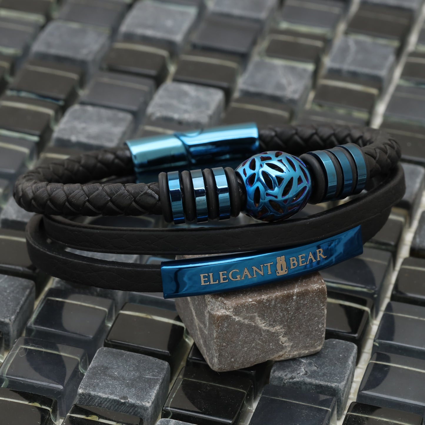 Autumn Ball Black Genuine Leather Blue Stainless Steel Bracelet L1256