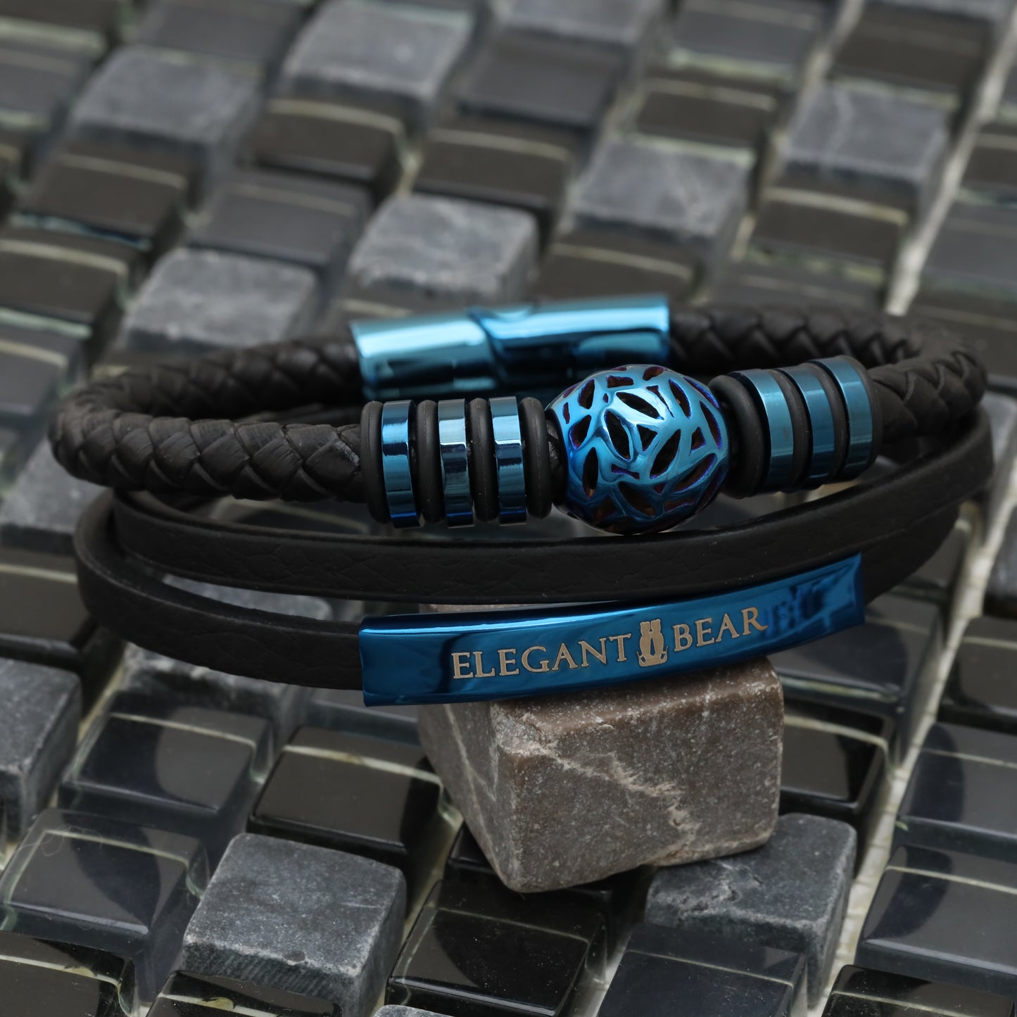 Autumn Ball Black Genuine Leather Blue Stainless Steel Bracelet L1256
