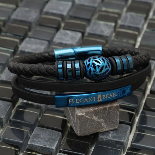 Autumn Ball Black Genuine Leather Blue Stainless Steel Bracelet L1256