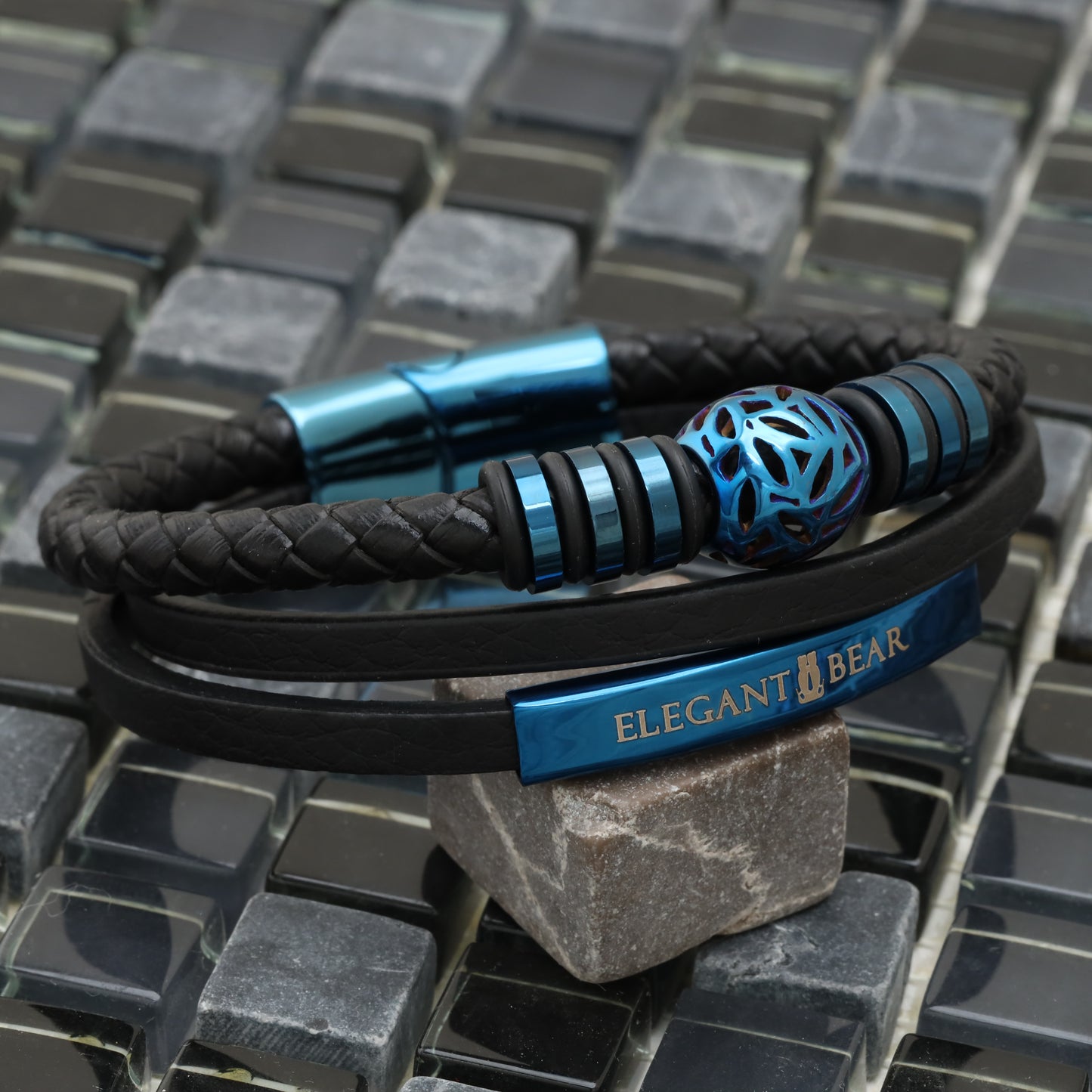 Autumn Ball Black Genuine Leather Blue Stainless Steel Bracelet L1256