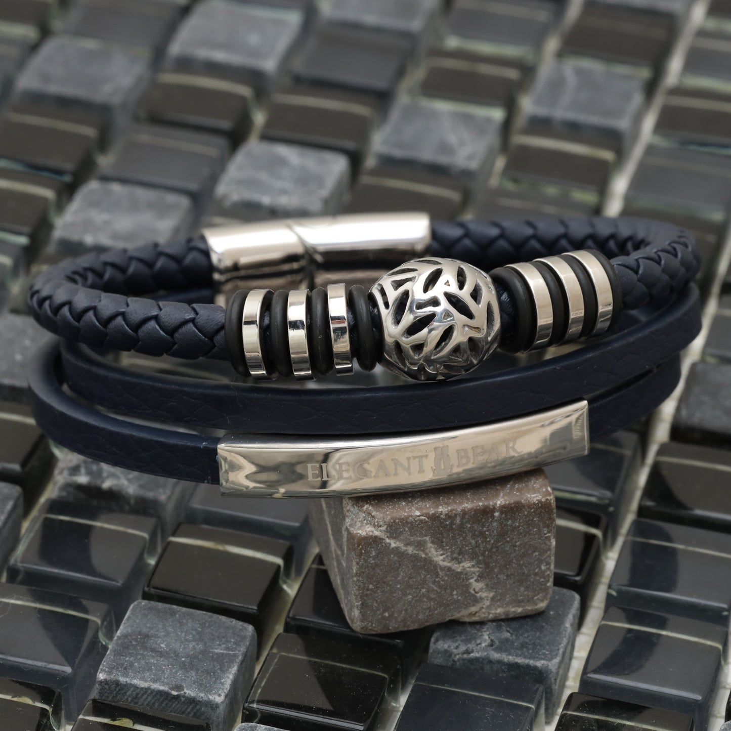 Autumn Ball Blue Genuine Leather Silver Stainless Steel Bracelet L1257