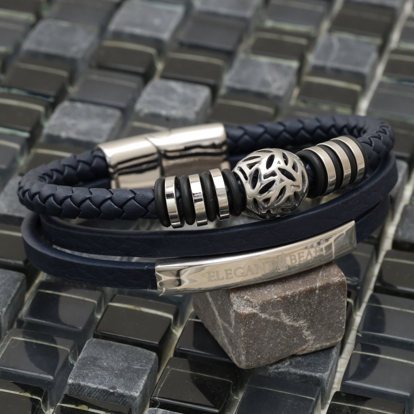 Autumn Ball Blue Genuine Leather Silver Stainless Steel Bracelet L1257