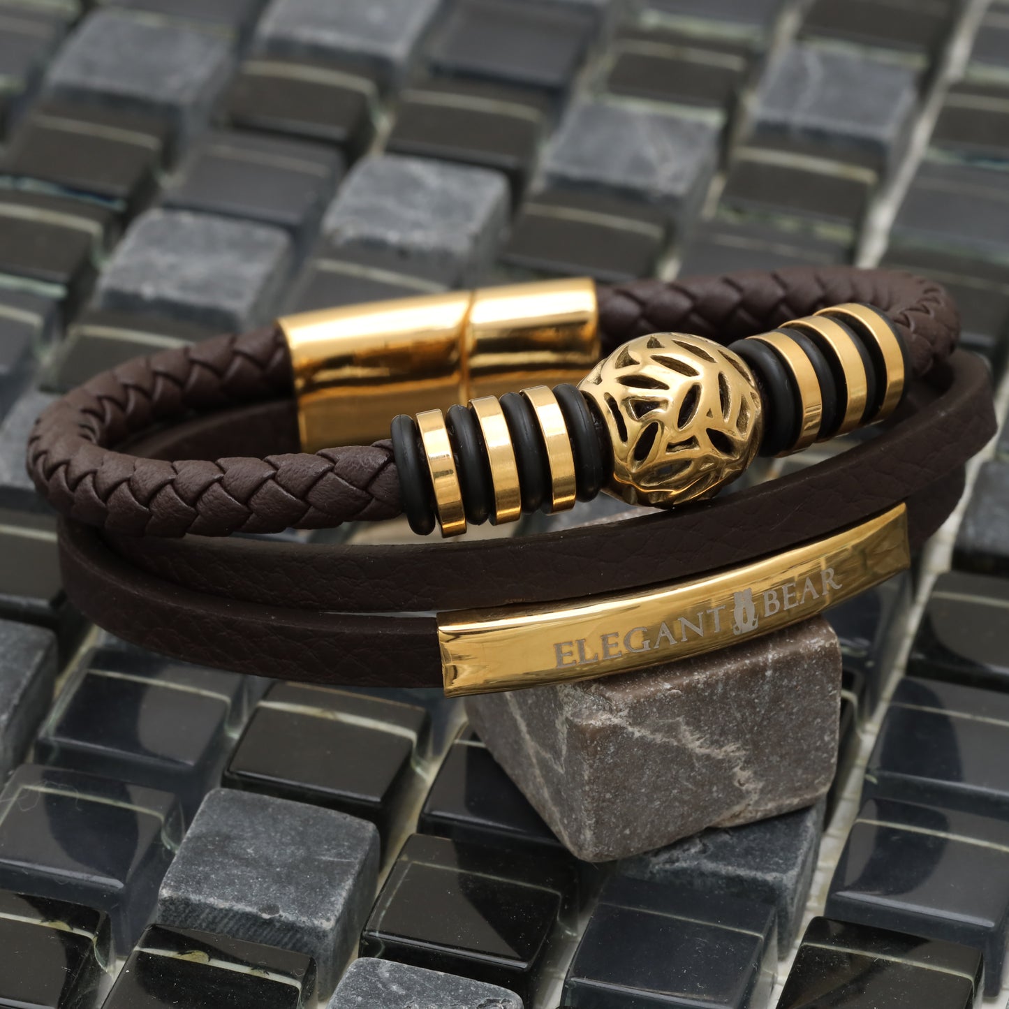Autumn Ball Brown Genuine Leather Gold Stainless Steel Bracelet L1224