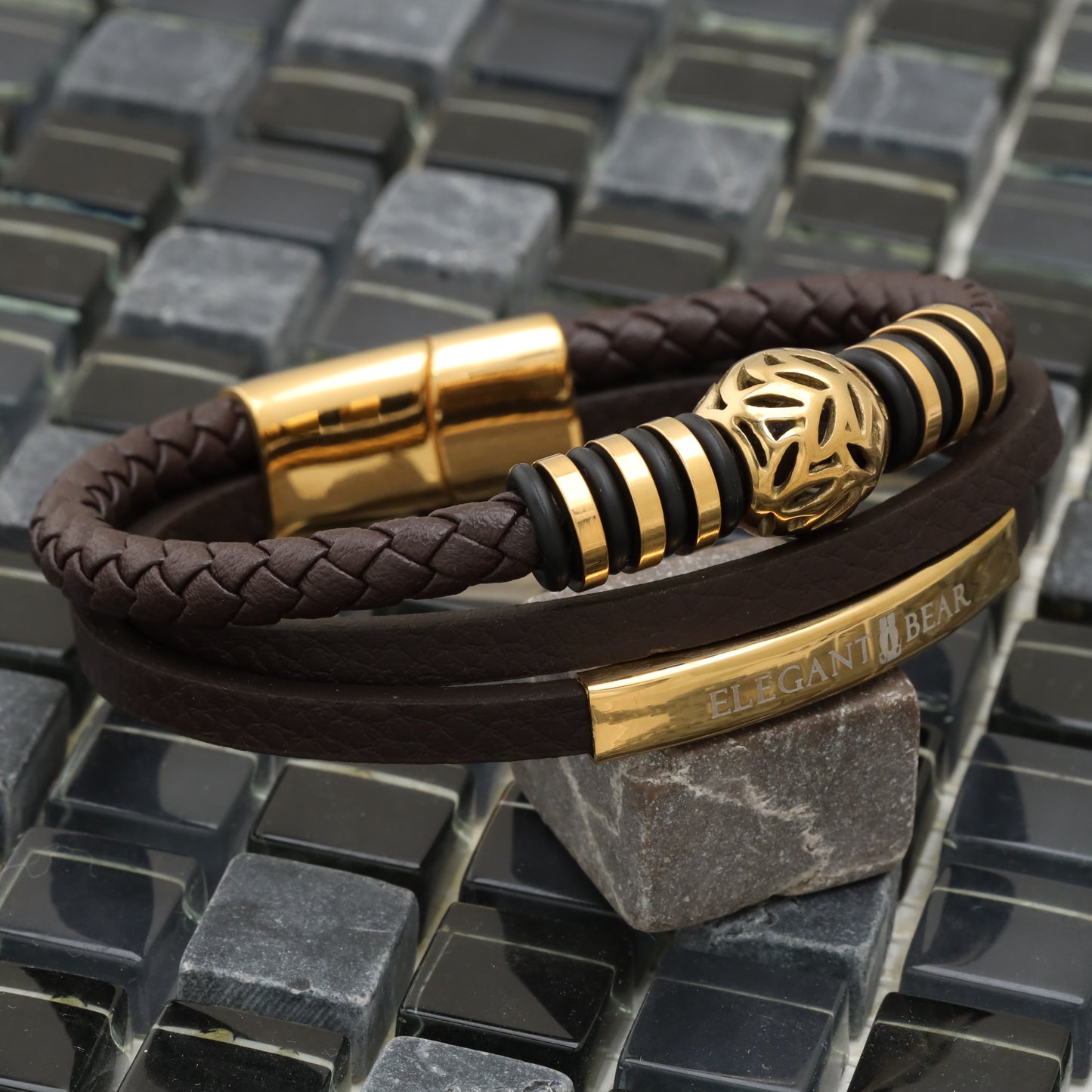 Autumn Ball Brown Genuine Leather Gold Stainless Steel Bracelet L1224