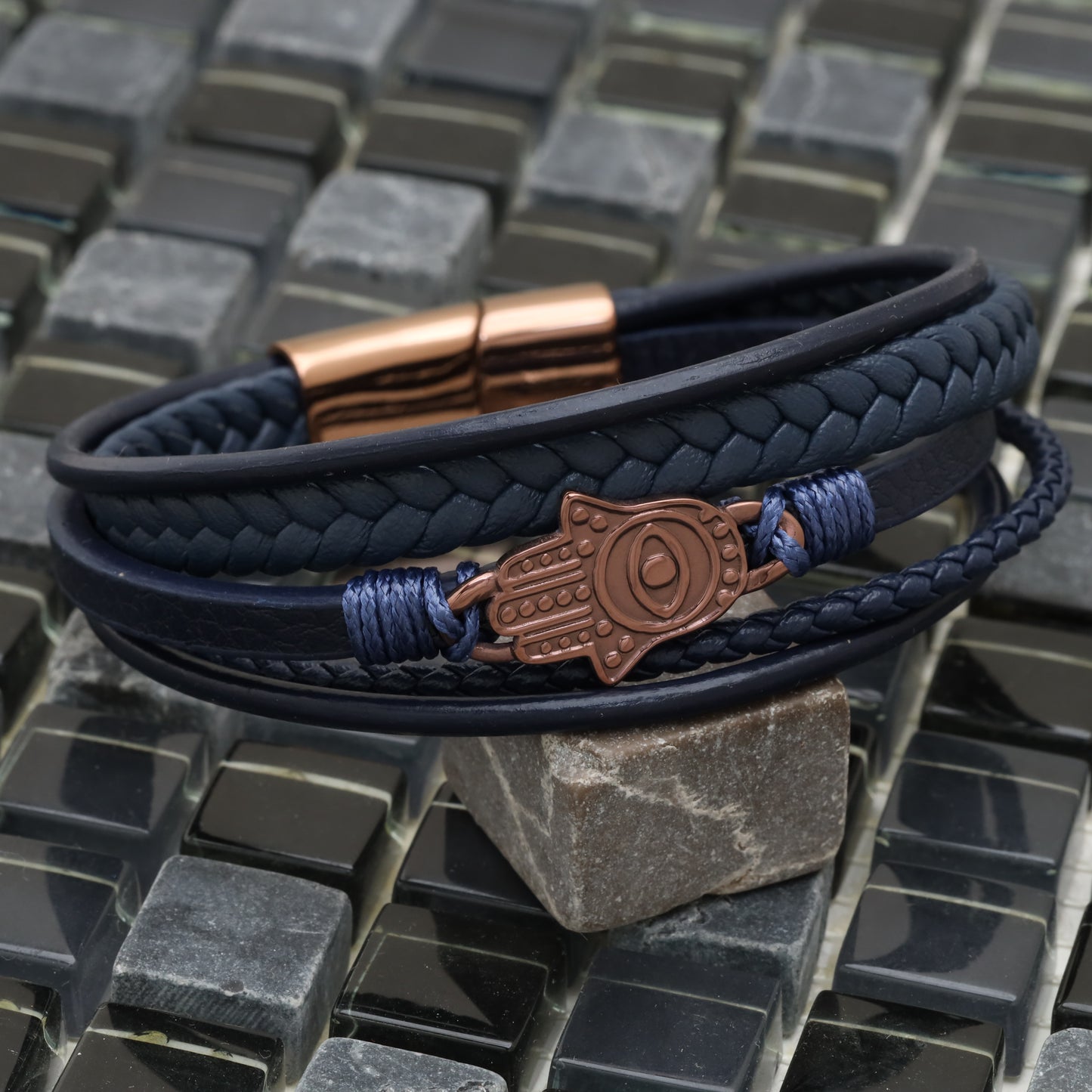 Hamsa Design Blue Genuine Leather Brown Stainless Steel Bracelet  L1139