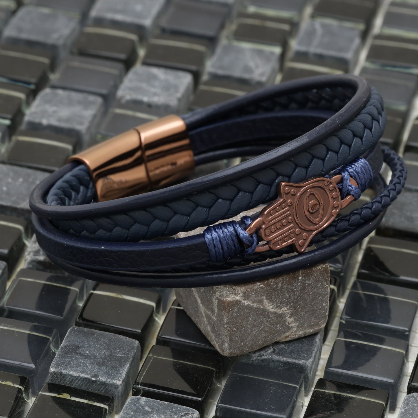 Hamsa Design Blue Genuine Leather Brown Stainless Steel Bracelet  L1139