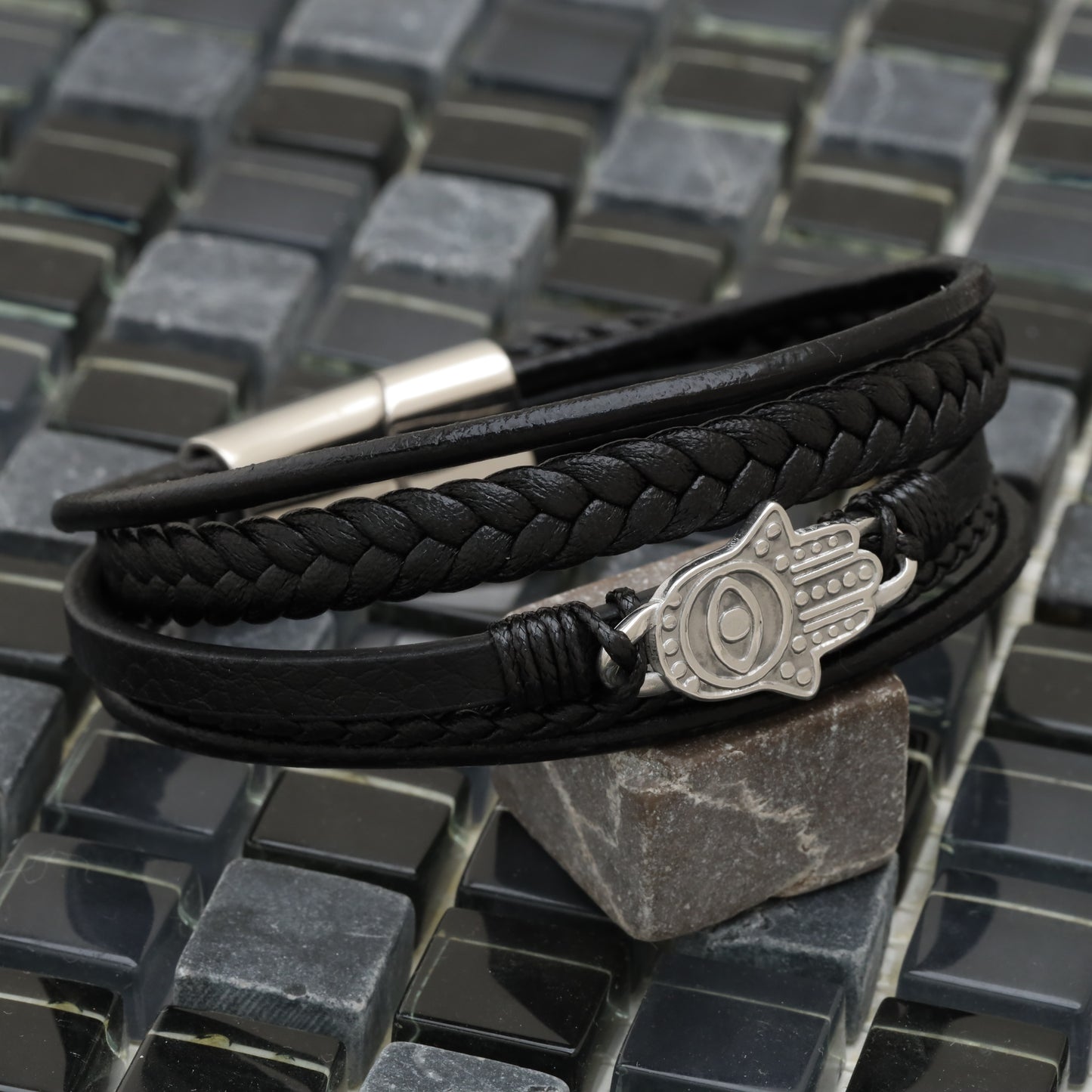 Hamsa Design Black Genuine Leather Silver Stainless Steel Bracelet  L1155