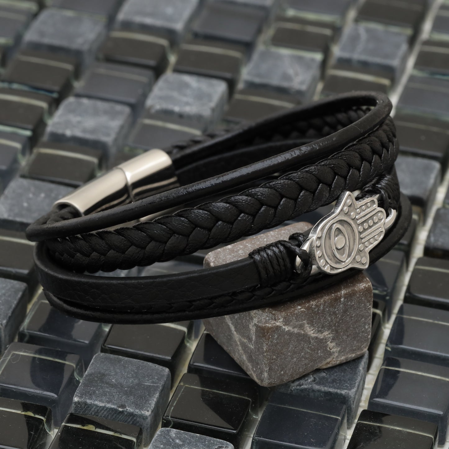Hamsa Design Black Genuine Leather Silver Stainless Steel Bracelet  L1155