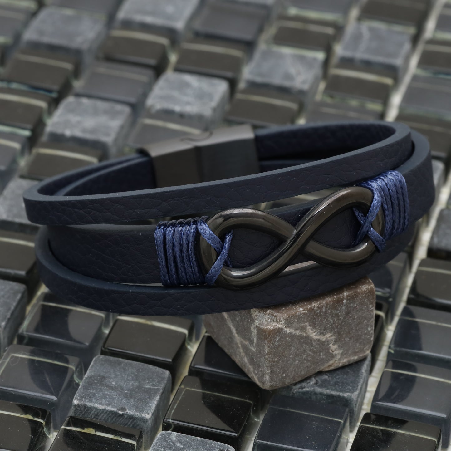 infinity Blue Genuine Leather Black Stainless Steel Bracelet L1200