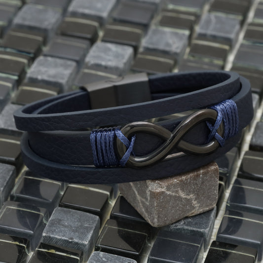 infinity Blue Genuine Leather Black Stainless Steel Bracelet L1200