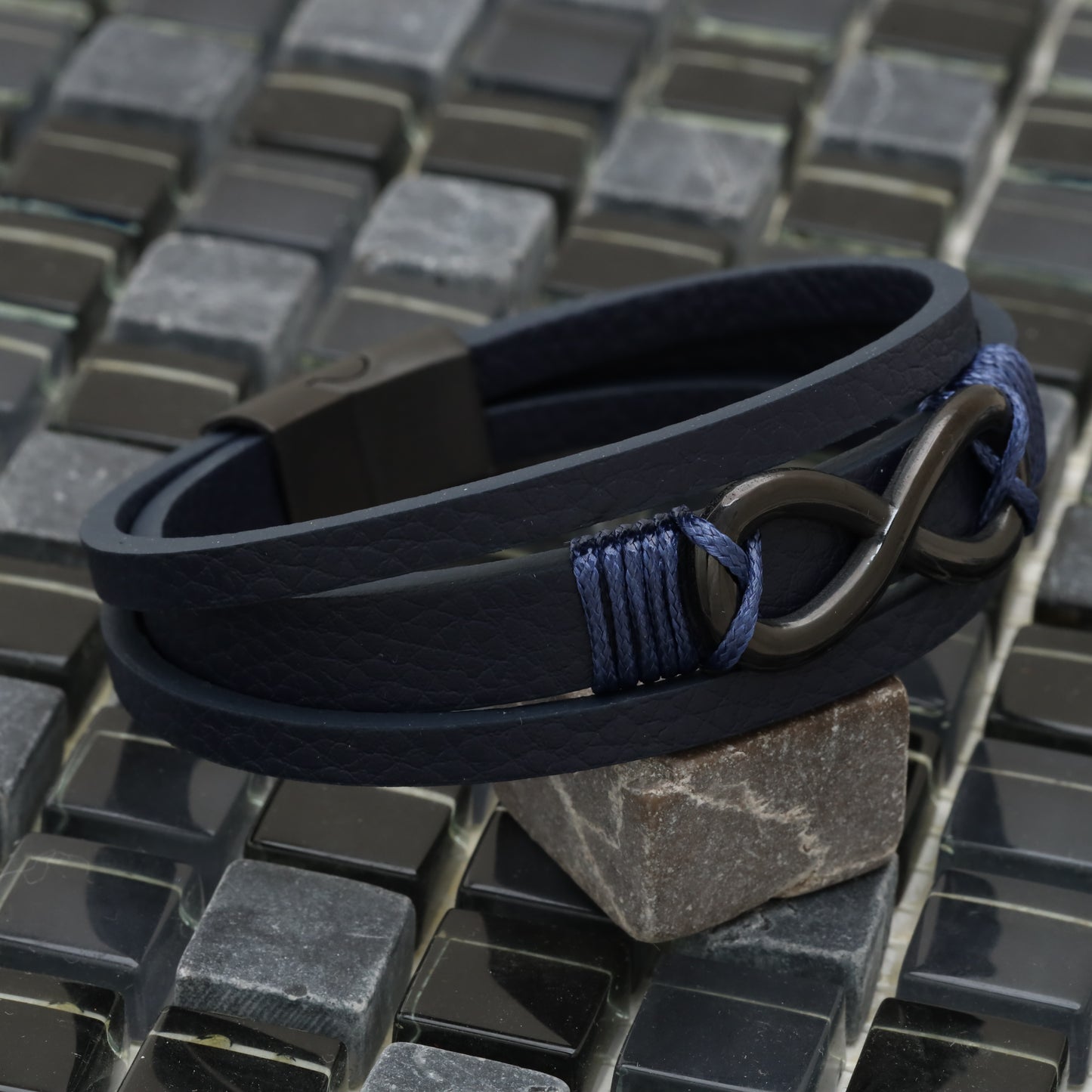 infinity Blue Genuine Leather Black Stainless Steel Bracelet L1200