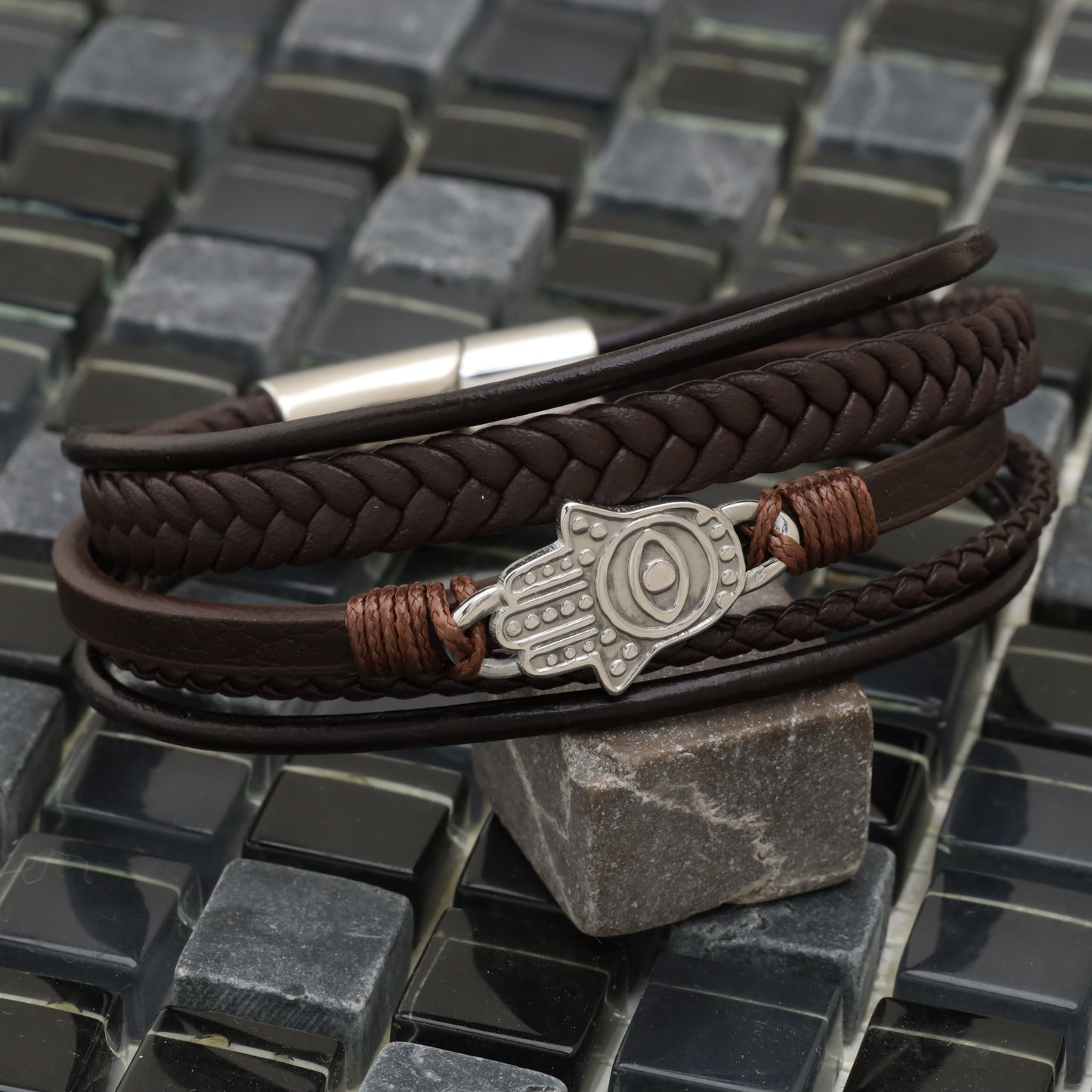 Hamsa Design Brown Genuine Leather Silver Stainless Steel Bracelet L1118