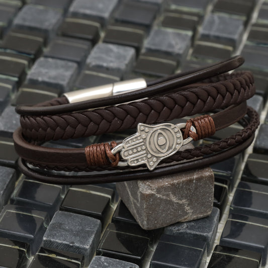 Hamsa Design Brown Genuine Leather Silver Stainless Steel Bracelet L1118