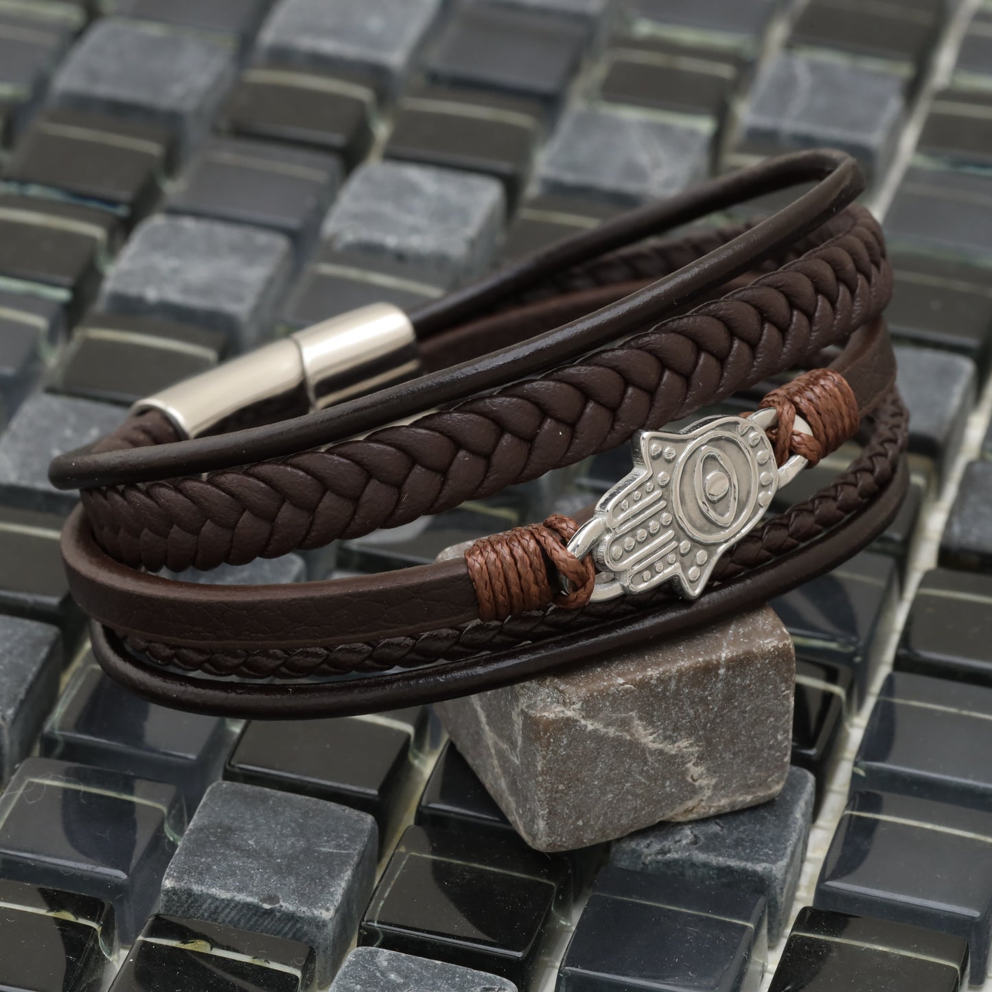Hamsa Design Brown Genuine Leather Silver Stainless Steel Bracelet L1118