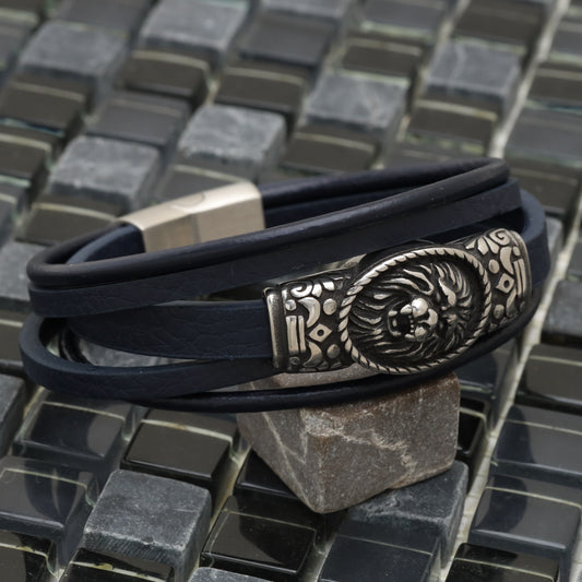 Lion Sealing Blue Genuine Leather Silver Stainless Steel Bracelet L1199