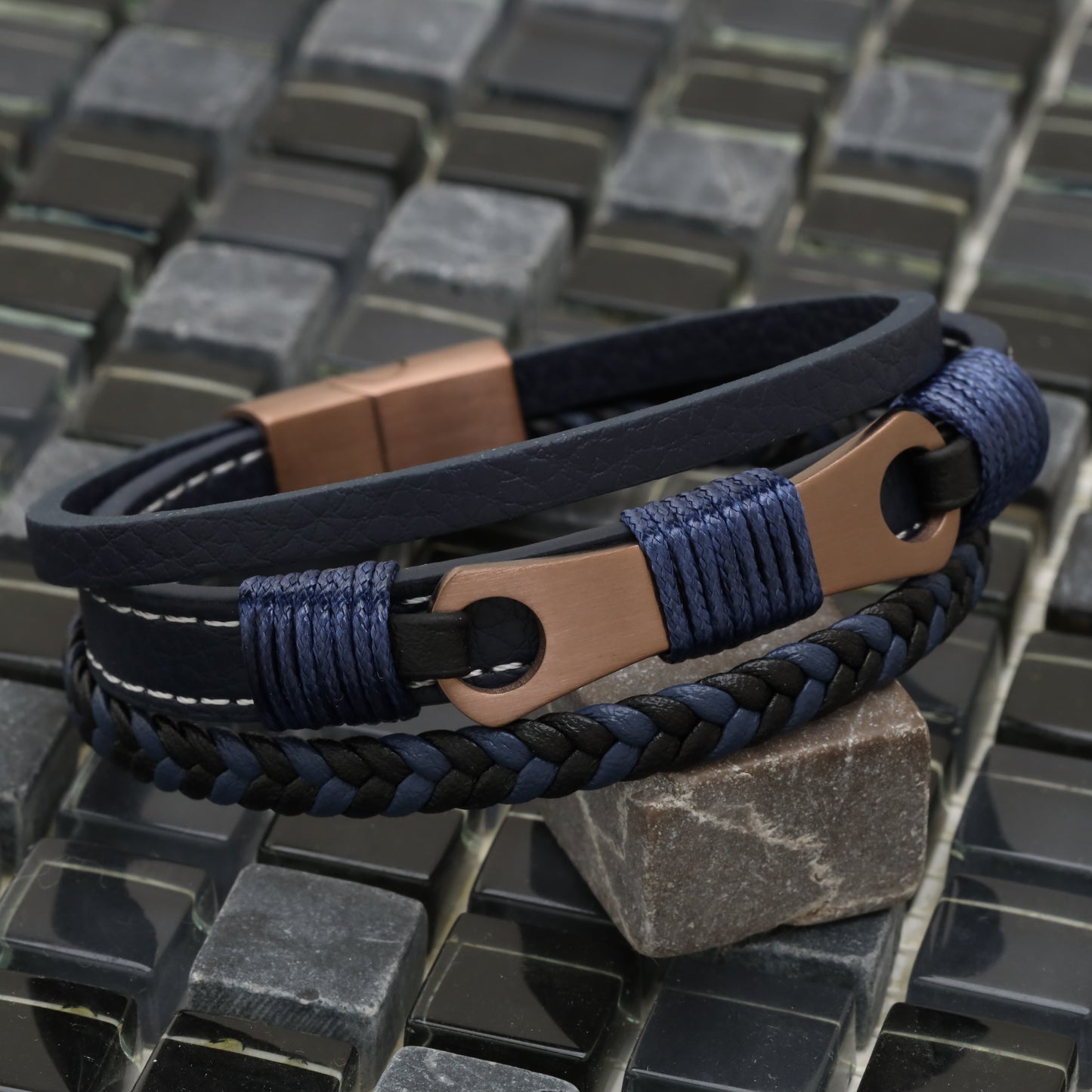 Mechanical Design Blue Genuine Leather Brown Stainless Steel Bracelet L1236