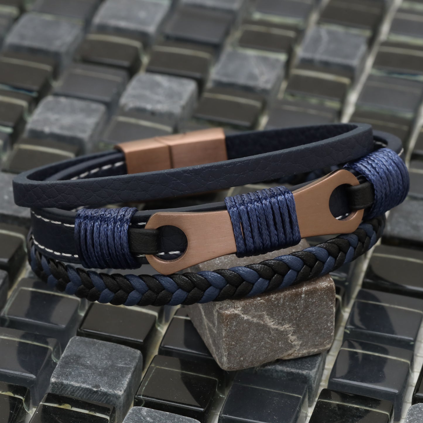 Mechanical Design Blue Genuine Leather Brown Stainless Steel Bracelet L1236