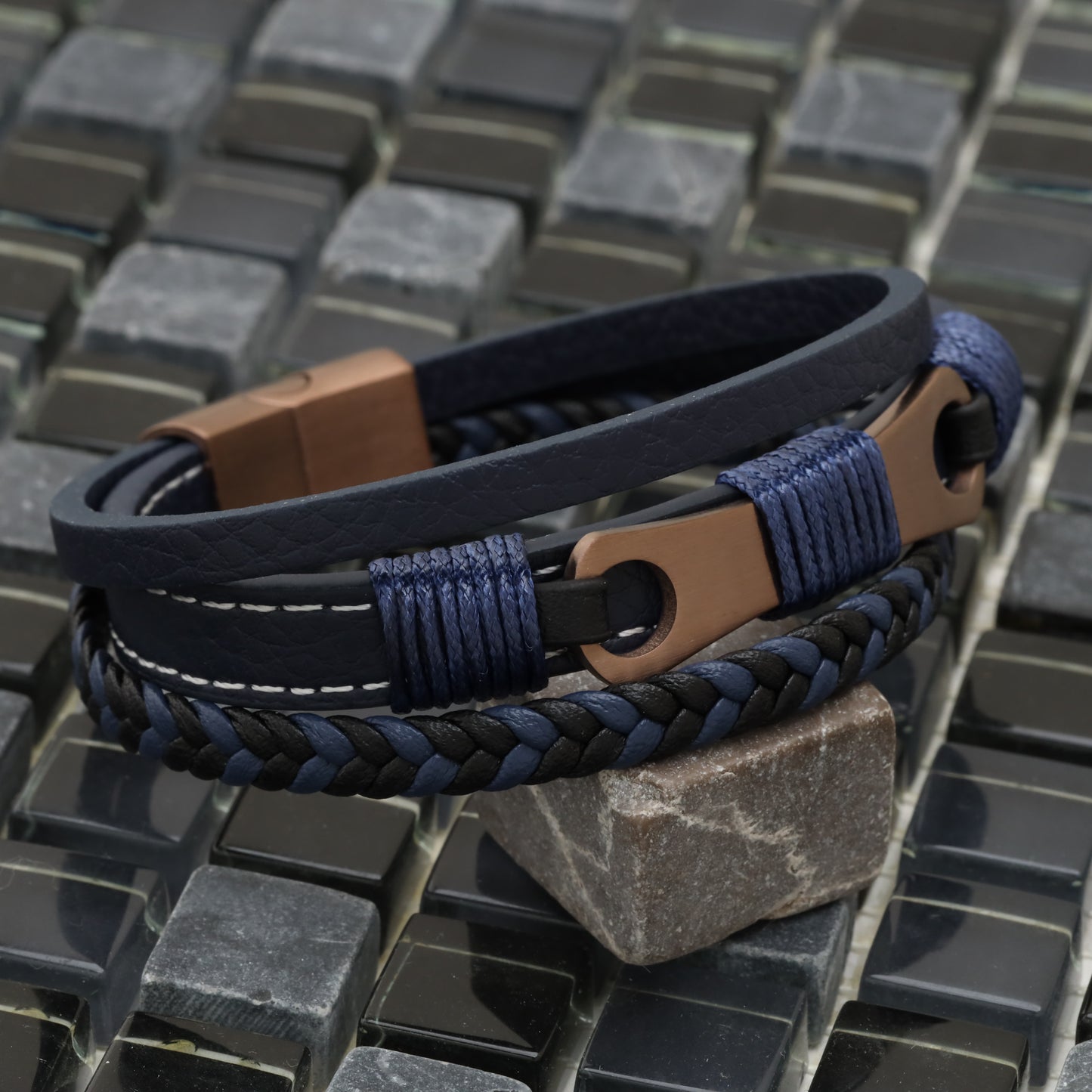 Mechanical Design Blue Genuine Leather Brown Stainless Steel Bracelet L1236
