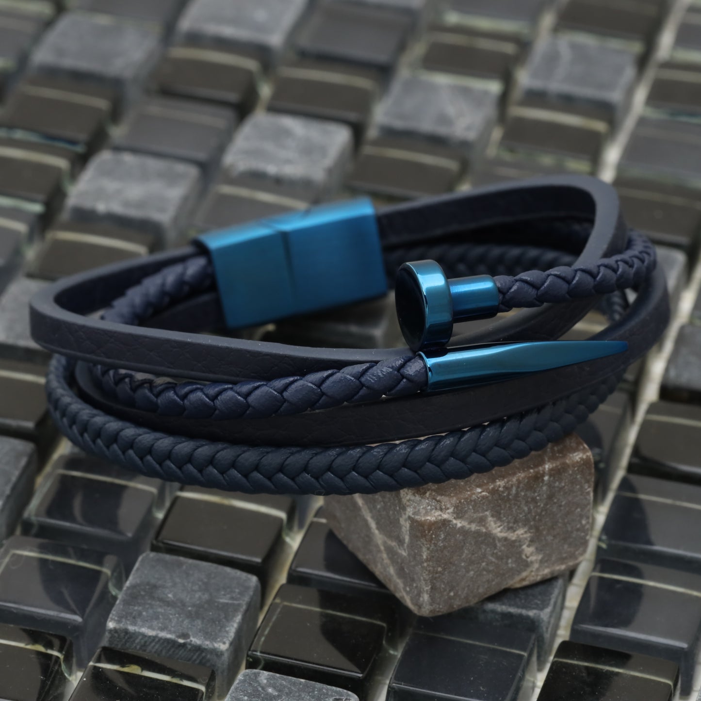 Nail Blue Genuine Leather Blue Stainless Steel Bracelet L1112
