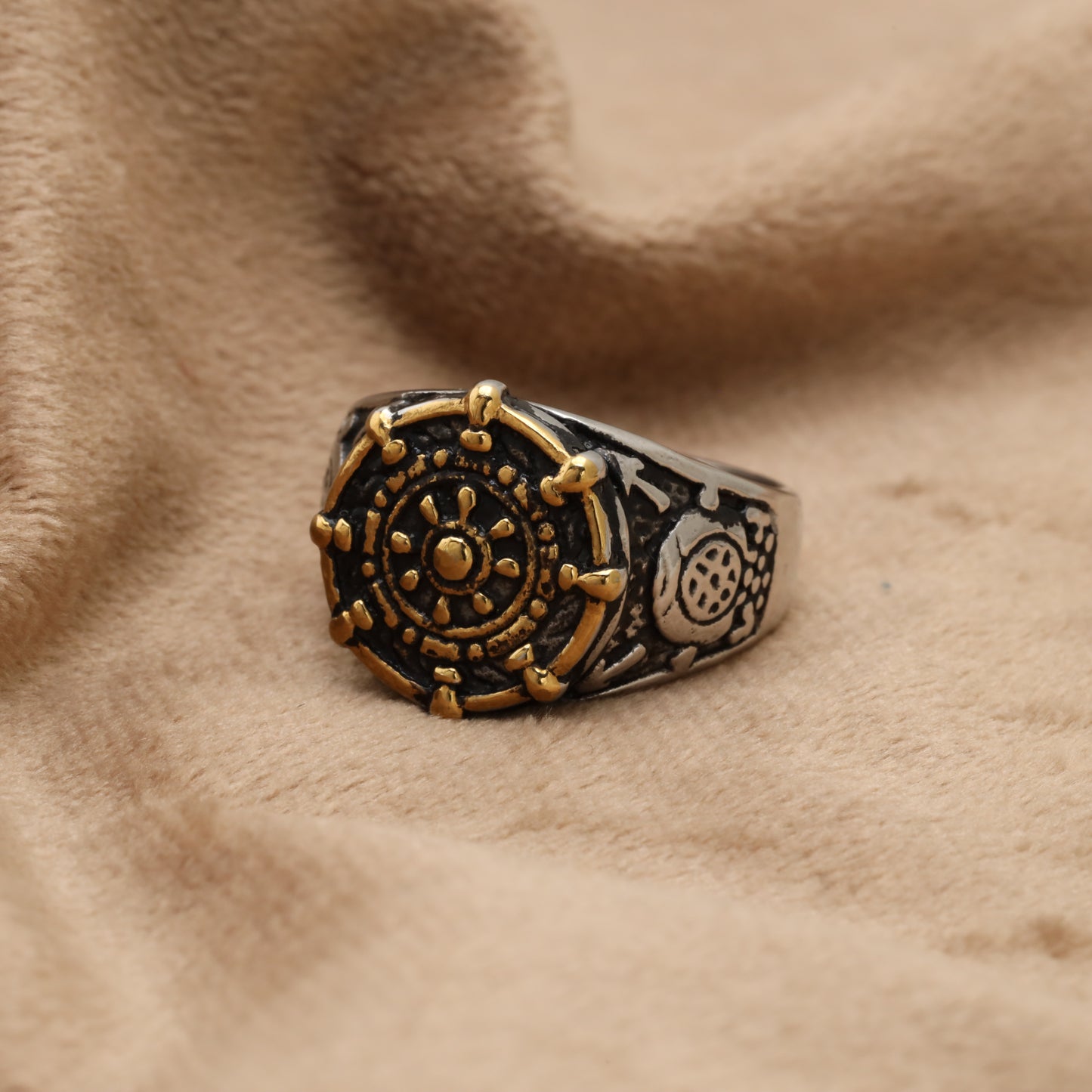 Dharma Wheel Stainless Steel Ring R6658