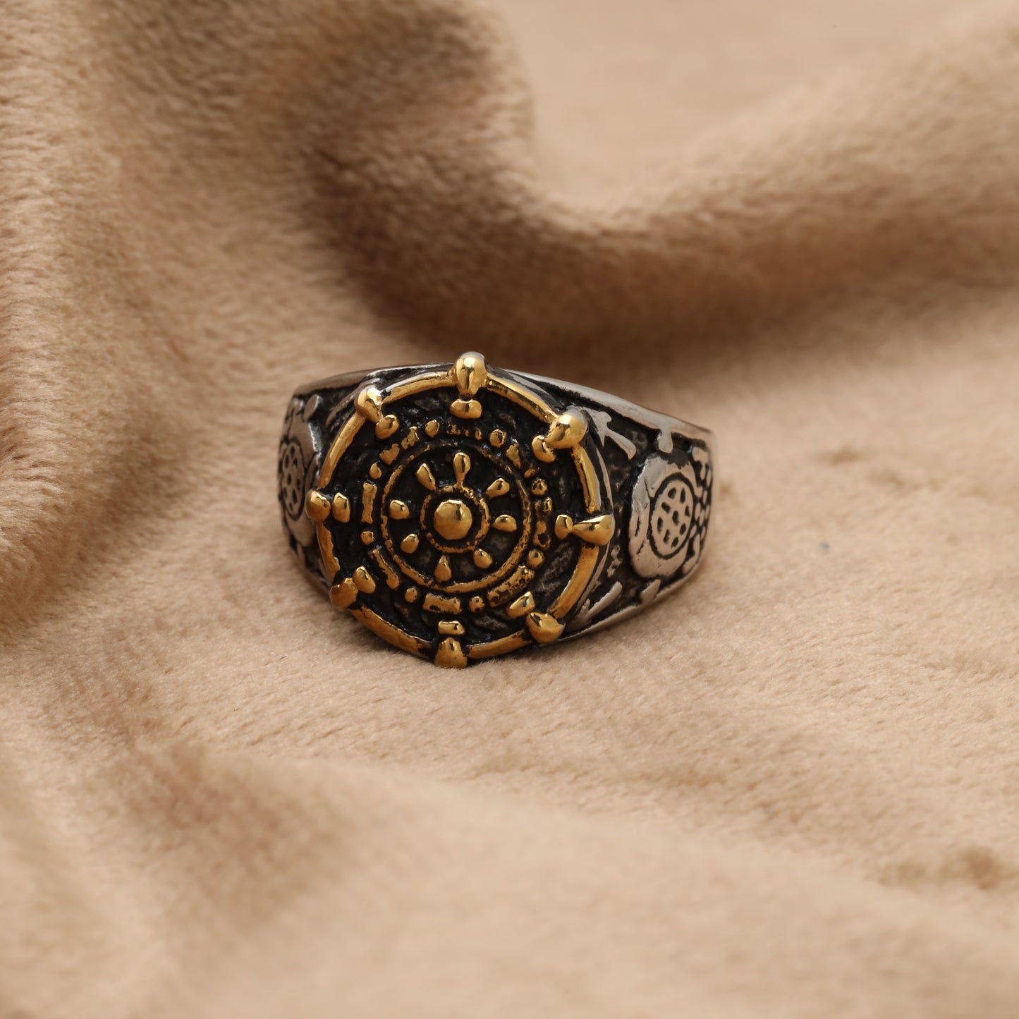 Dharma Wheel Stainless Steel Ring R6658