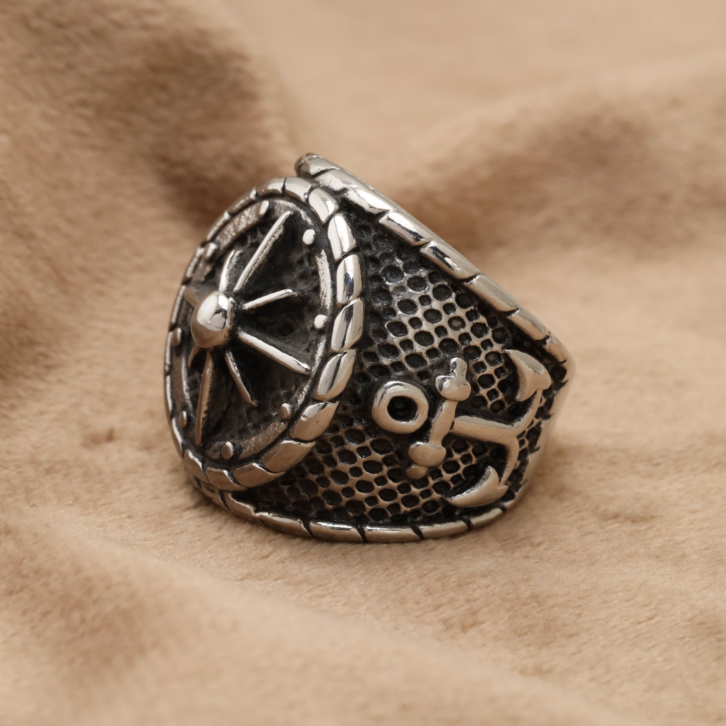Ship Wheel & Anchor Viking Stainless Steel Ring R1240