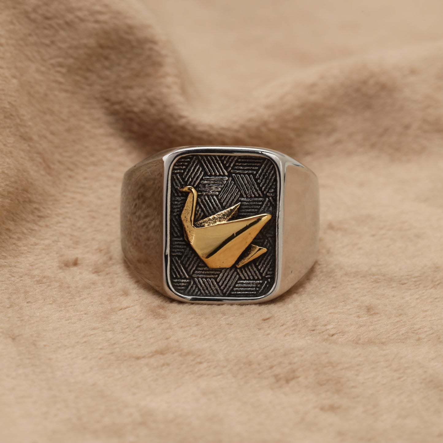 Golden Crane Origami Stainless Steel Ring R1242
